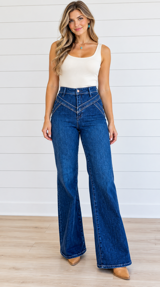 Model wearing Risen dark-wash high-rise wide-leg jeans with angled front yoke seams, an ivory tank, and tan boots.