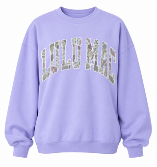 Lavender Lulu Mac sweatshirt with camouflage lettering