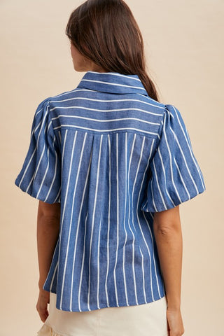 Stripe Denim Top With Bow Detail