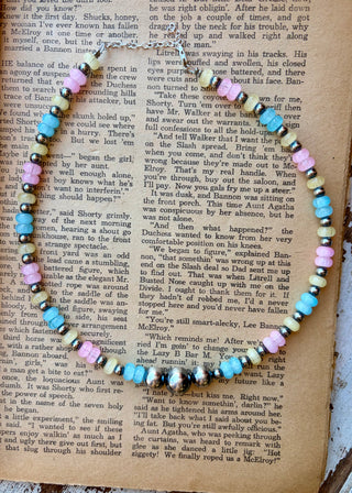 Cotton Candy necklace featuring pastel blue, pink, and yellow glass beads with sterling silver beads and three larger sterling silver pearls at the center.