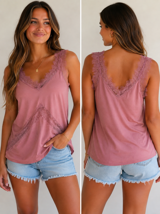 A woman modeling a dusty pink sleeveless V-neck top with lace trim, shown in front and back views against a plain light background.