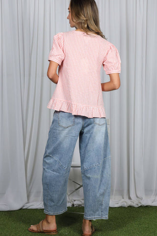 Gingham Puff Sleeves Top