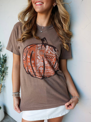 Brown graphic tee featuring a rust orange pumpkin with a bandana paisley print.