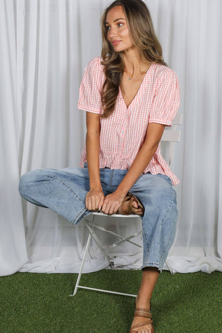 Gingham Puff Sleeves Top