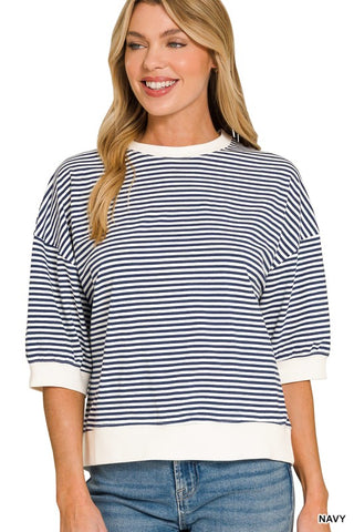 Women’s relaxed fit striped knit top with short sleeves, ribbed trim, and a crew neckline